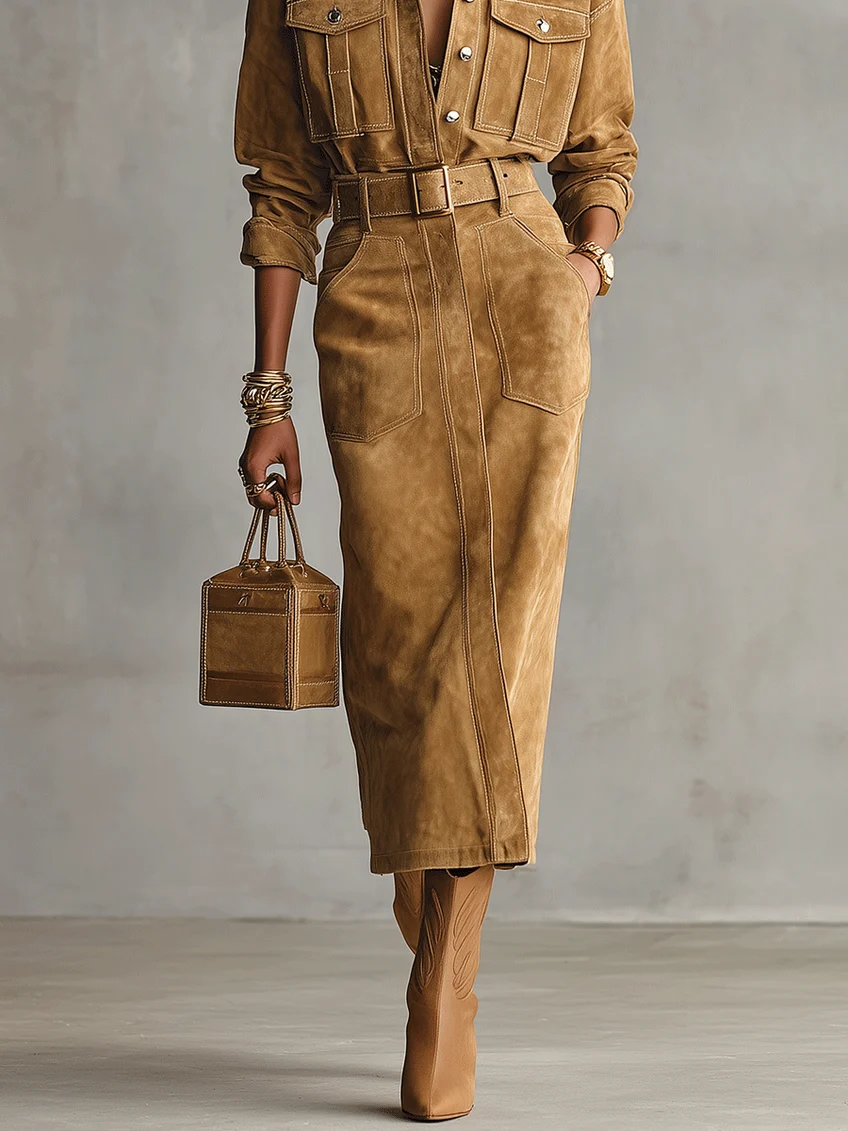 Vestido camisero midi de ante sintético marrón con cinturón