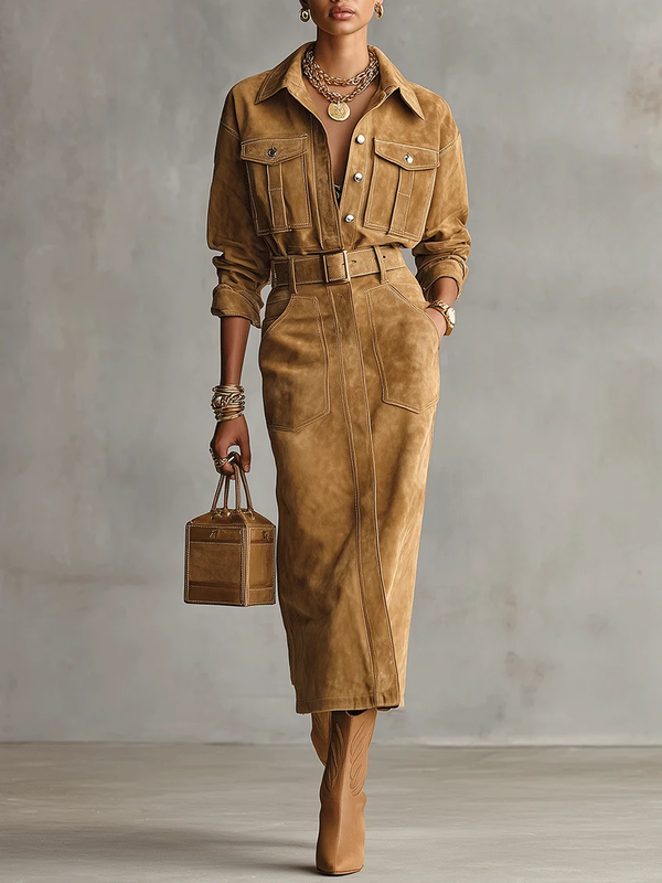 Vestido camisero midi de ante sintético marrón con cinturón
