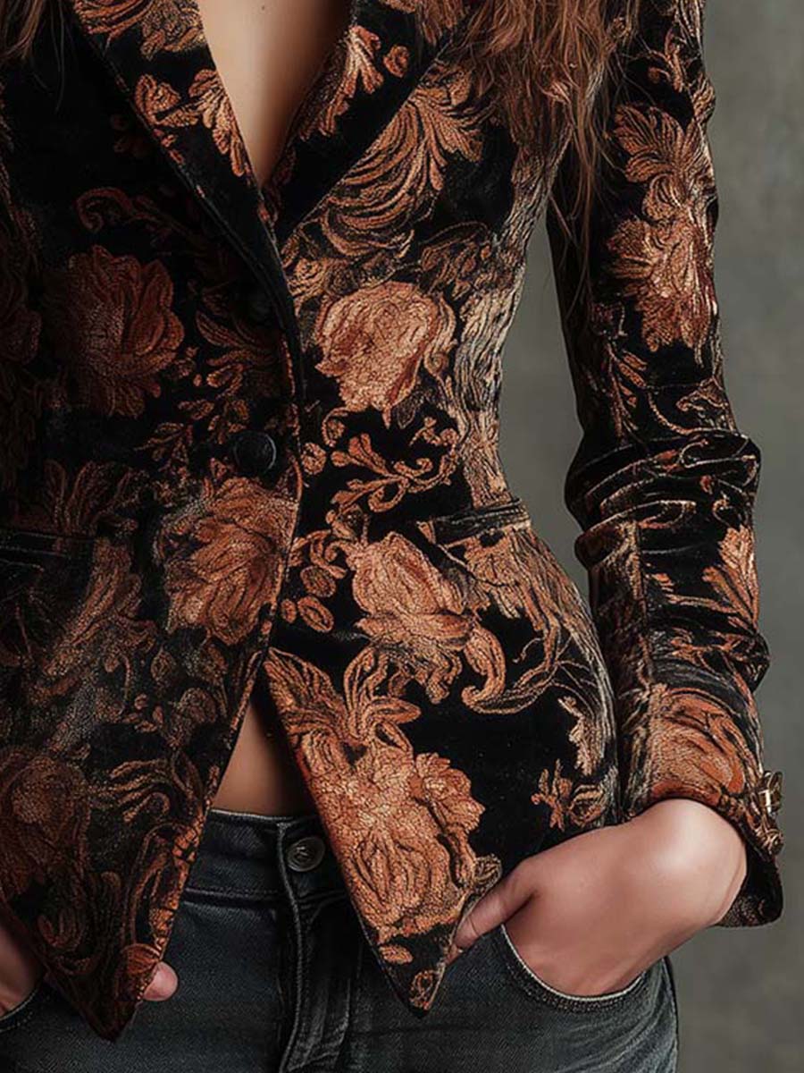 Blazer de sastre floral en negro y bronce Bertille