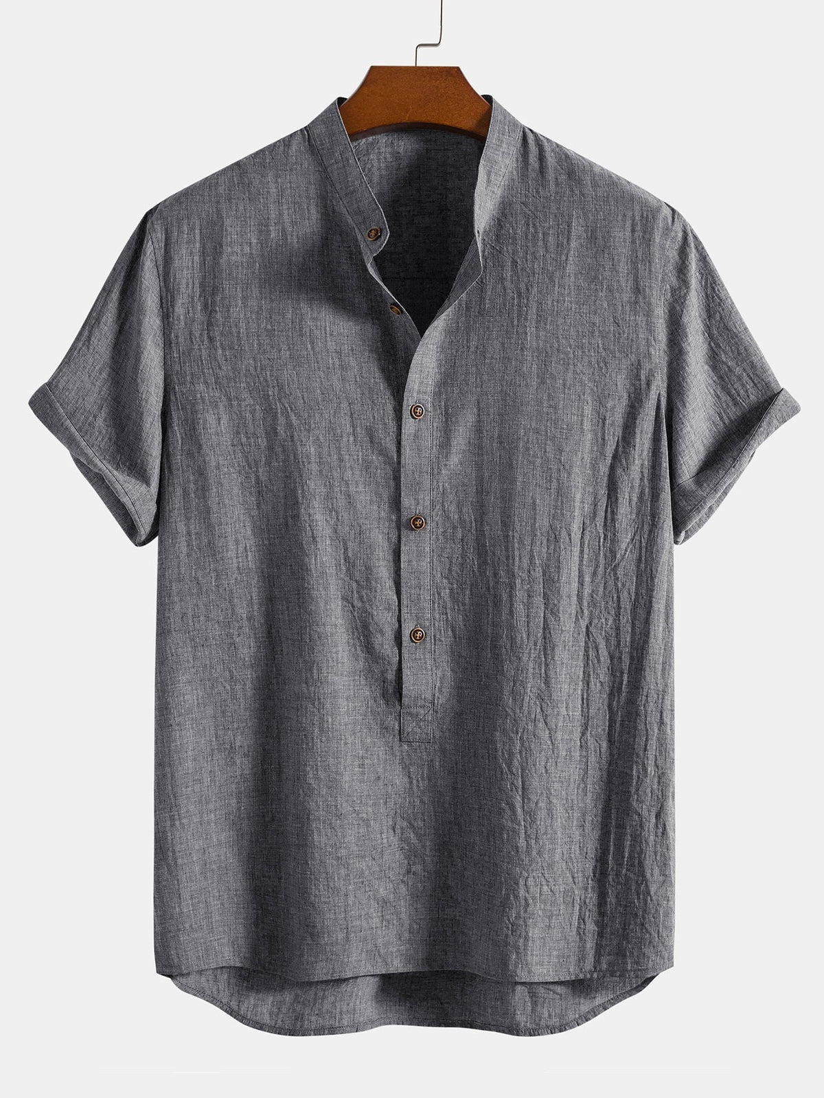 Camisa Henley con Medio Botón y Cuello con Tapeta y Pantalones de Lino de Pierna Recta