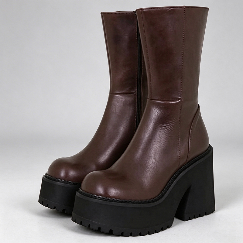 Botas con plataforma gruesa y punta redonda hasta media pierna