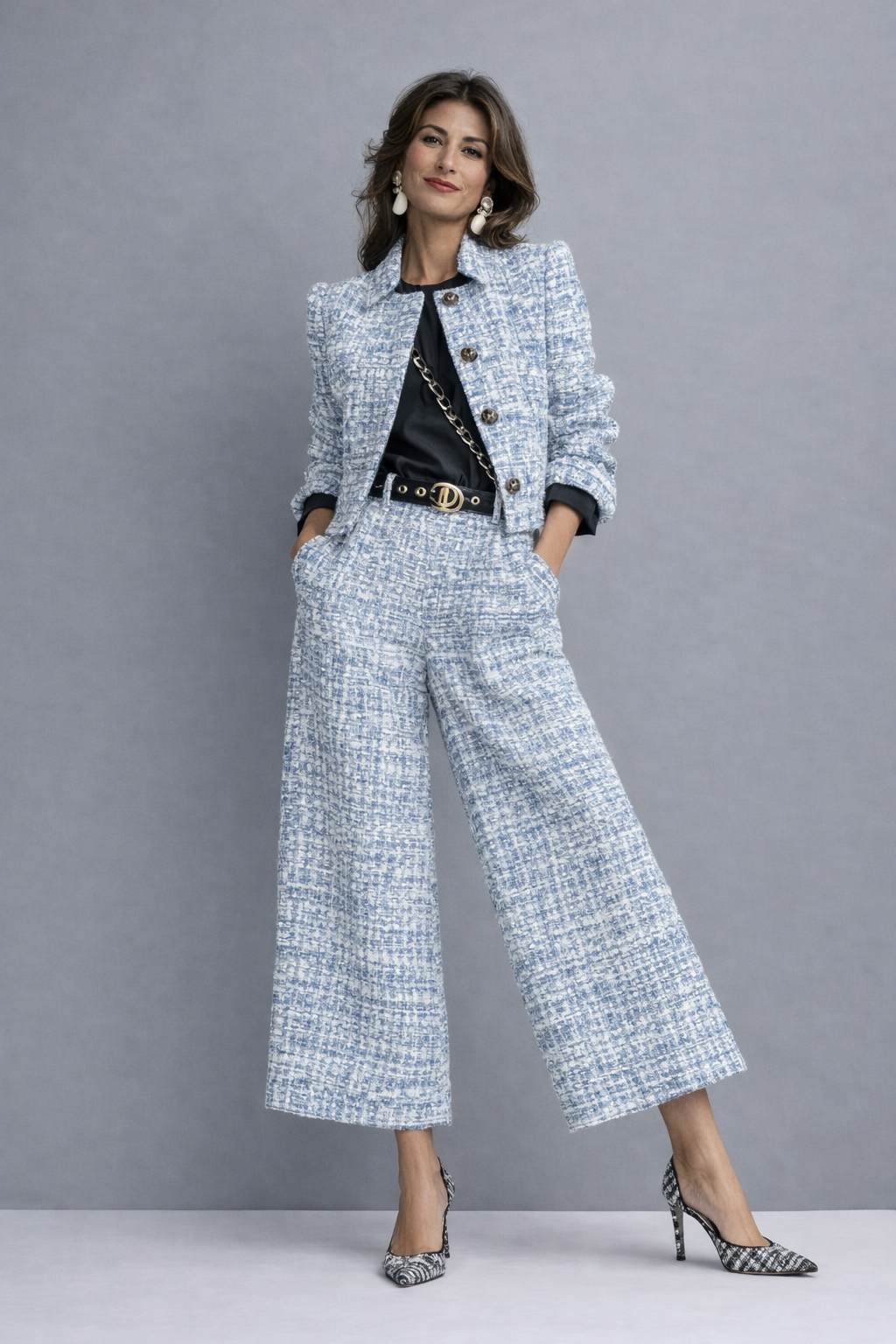 Conjunto de tweed con chaqueta y pantalón de pernera ancha Irene