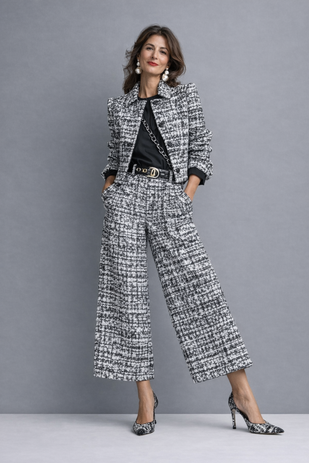 Conjunto de tweed con chaqueta y pantalón de pernera ancha Irene