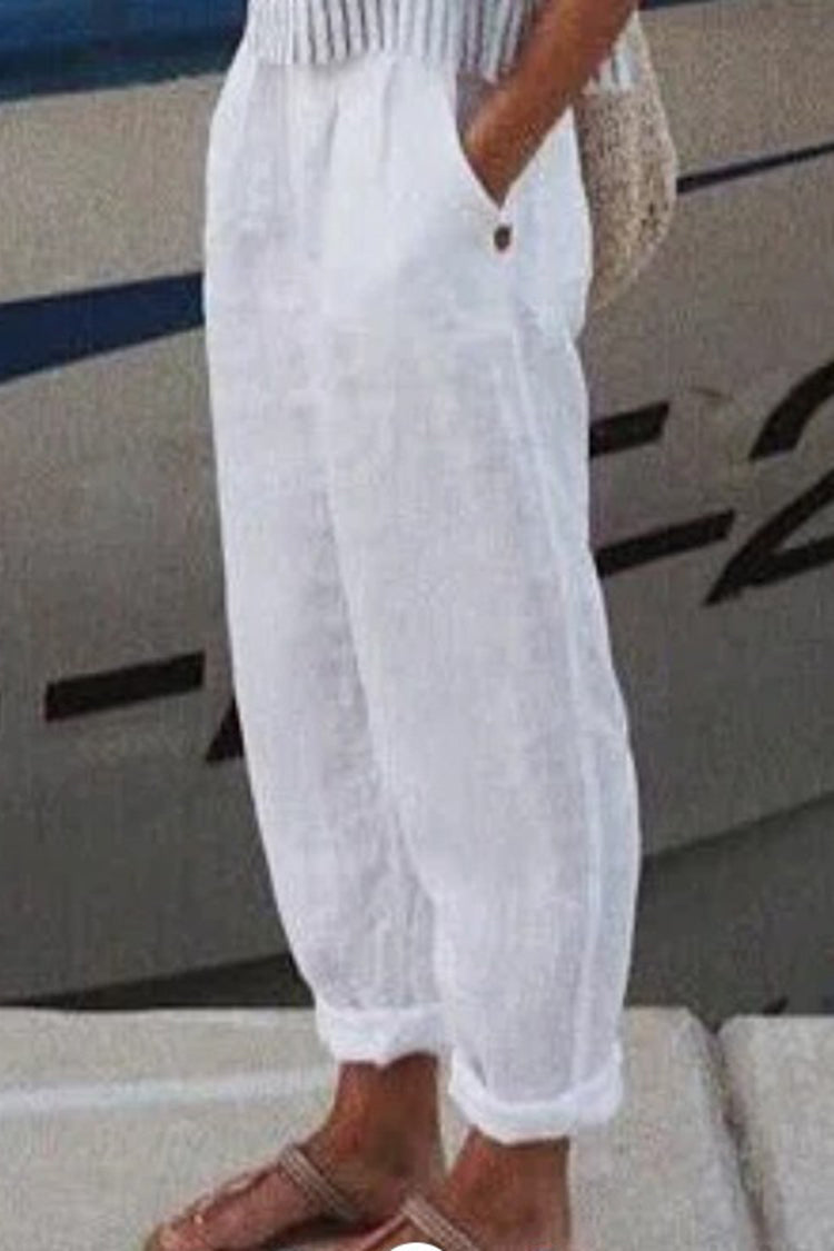 Pantalón casual de algodón y lino de color liso