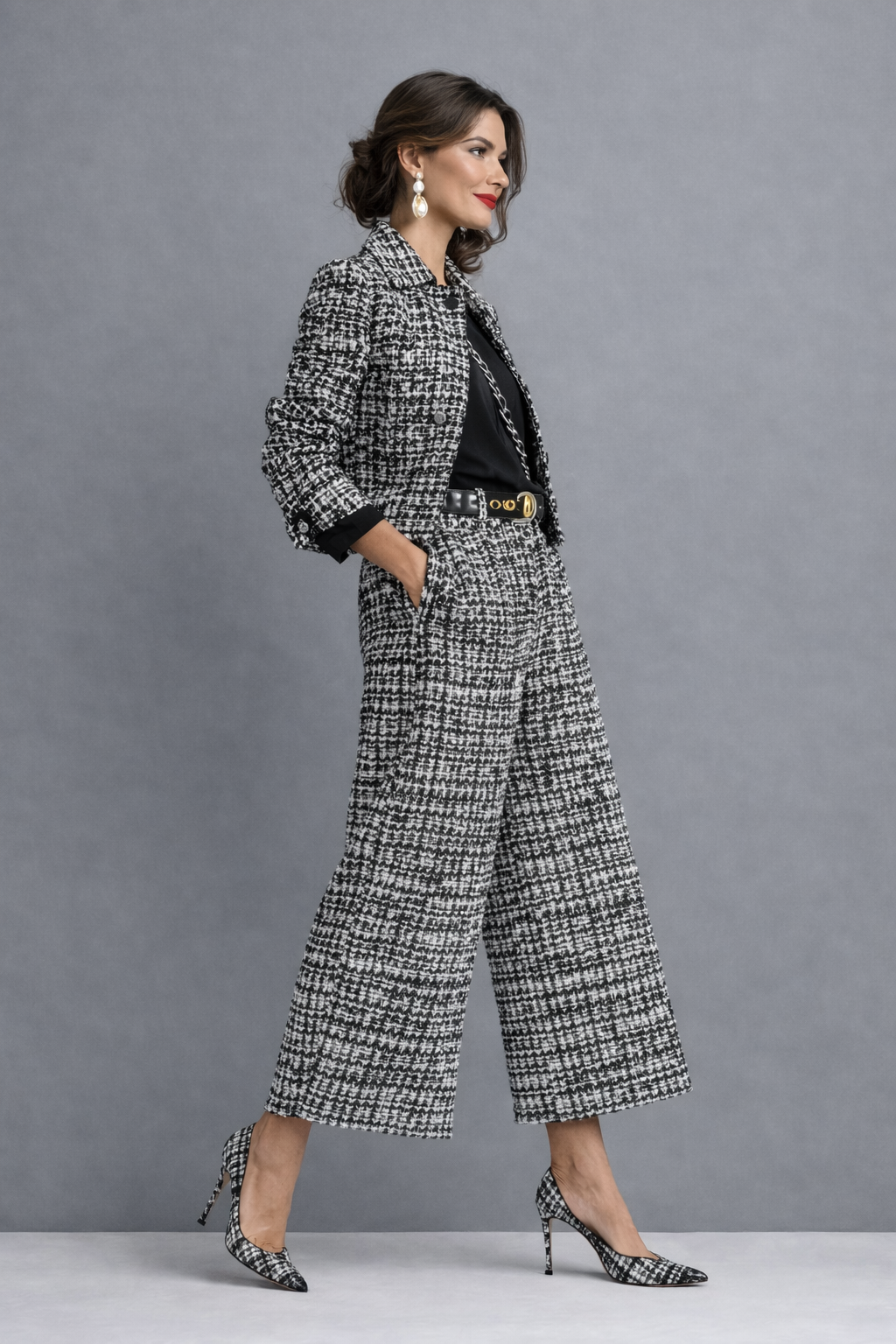 Conjunto de tweed con chaqueta y pantalón de pernera ancha Irene
