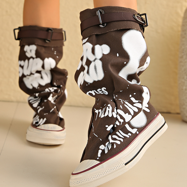 Botas de lona plegables con estampado grafiti hasta media pierna
