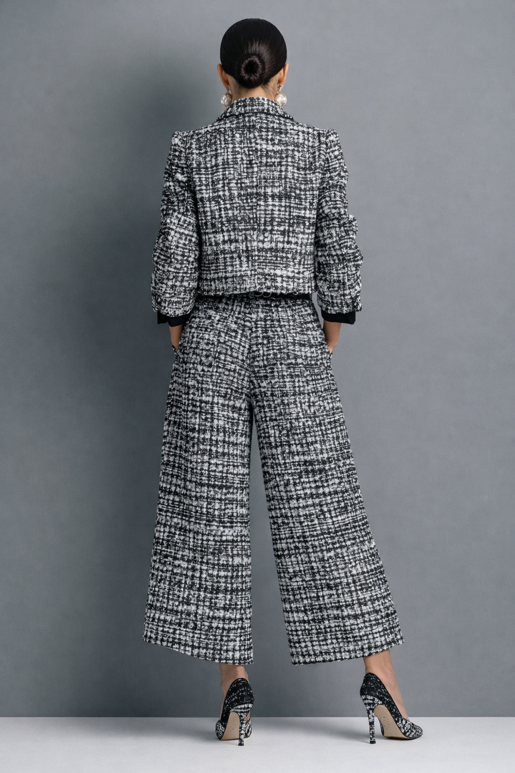 Conjunto de tweed con chaqueta y pantalón de pernera ancha Irene