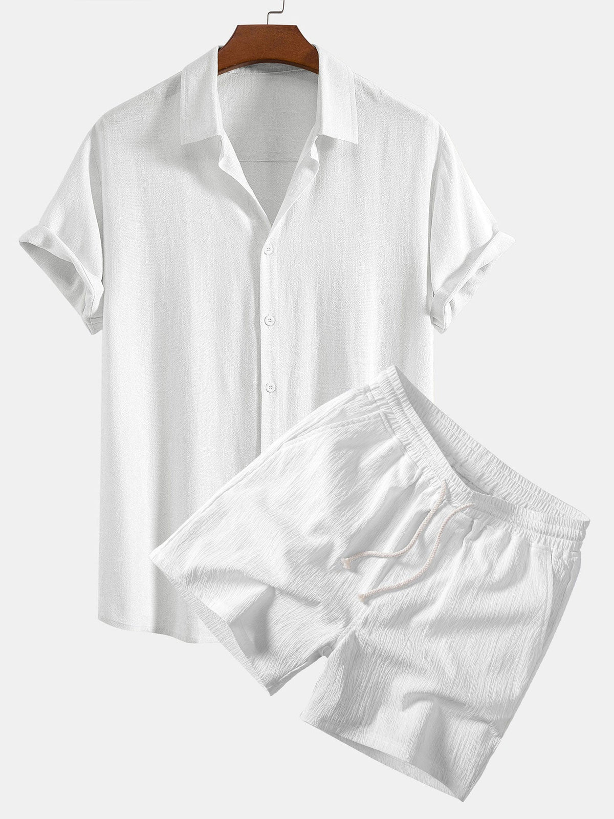 Camisa de Botones de Mezcla de Lino y Rayón & Pantalones cortos con Cordón de 5" con Textura Arrugada