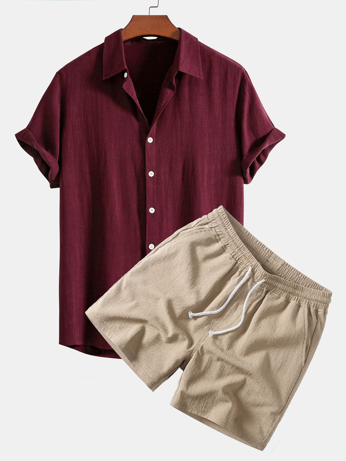 Camisa de Botones de Mezcla de Lino y Rayón & Pantalones cortos con Cordón de 5" con Textura Arrugada