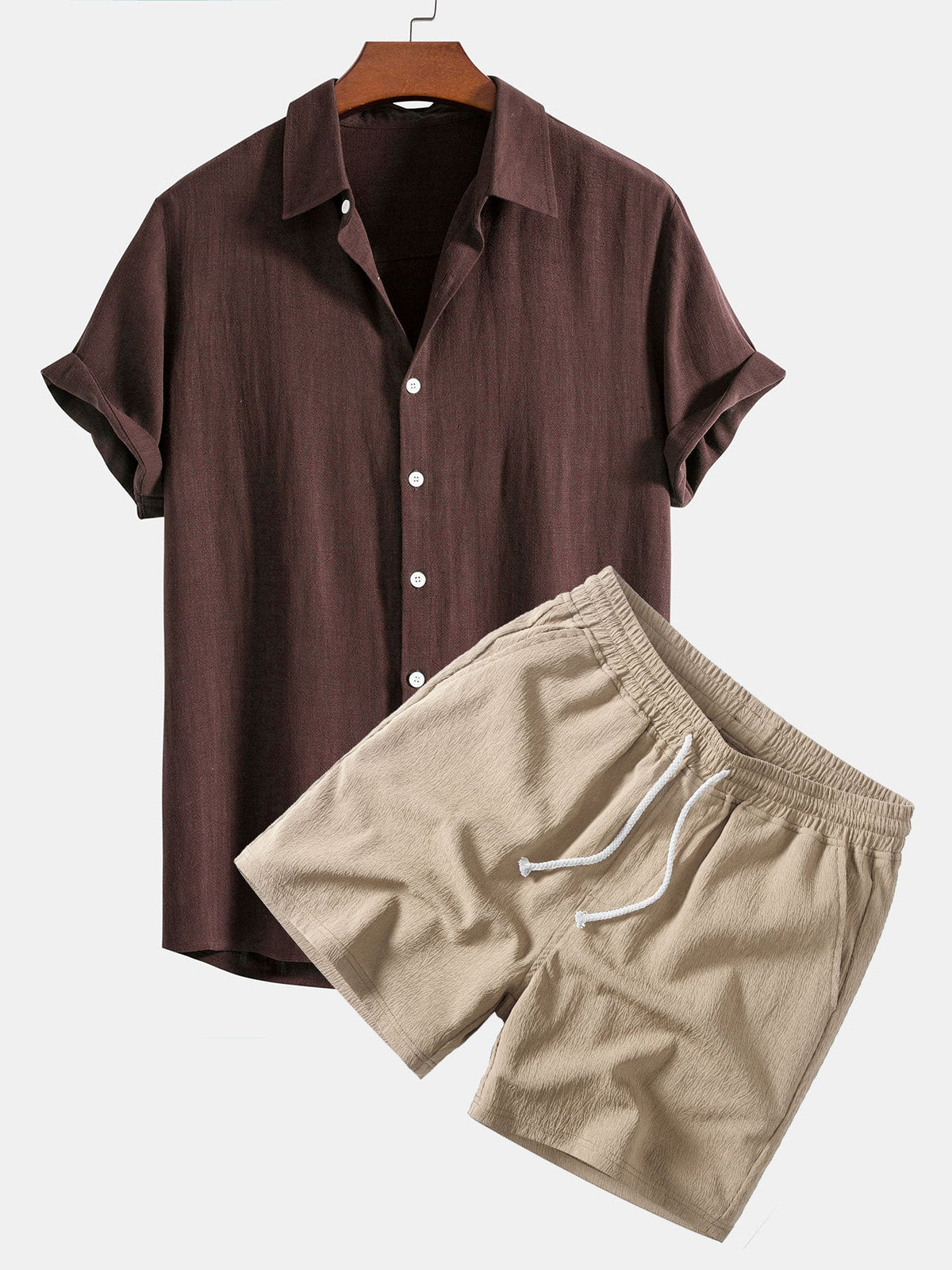 Camisa de Botones de Mezcla de Lino y Rayón & Pantalones cortos con Cordón de 5" con Textura Arrugada