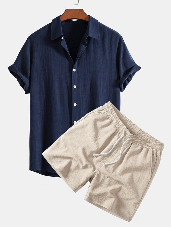 Camisa de Botones de Mezcla de Lino y Rayón & Pantalones cortos con Cordón de 5" con Textura Arrugada