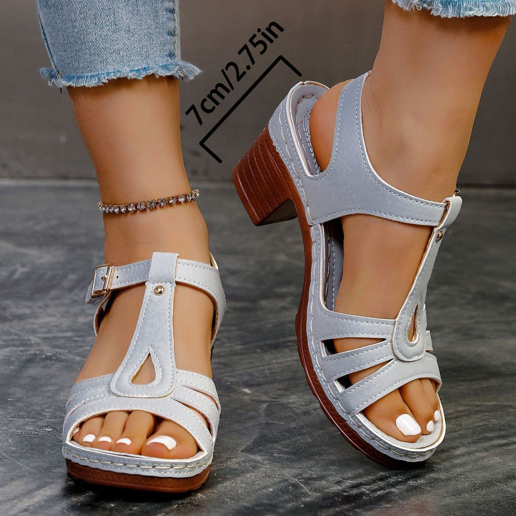 Sandalias de tacón ancho de 7 cm con tiras en T y plataforma