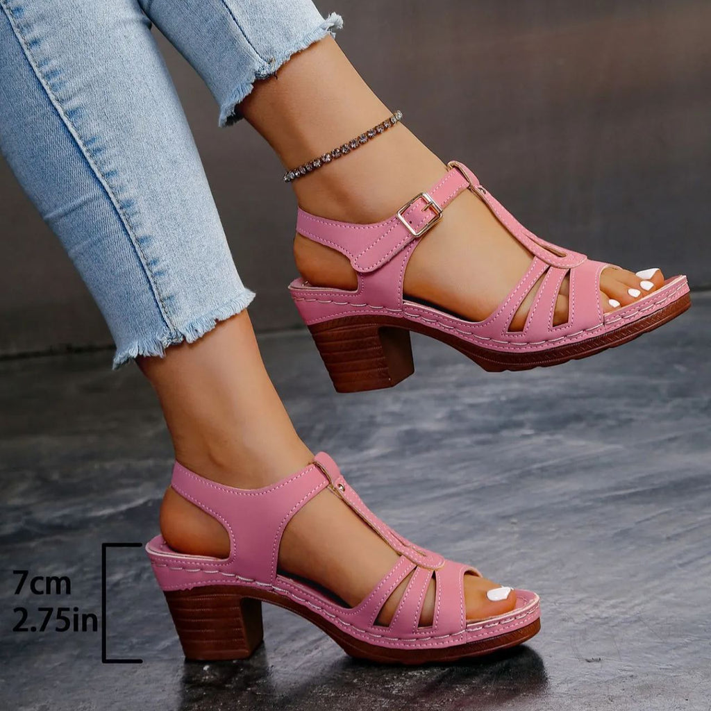 Sandalias de tacón ancho de 7 cm con tiras en T y plataforma