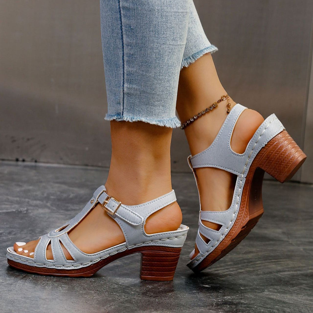 Sandalias de tacón ancho de 7 cm con tiras en T y plataforma