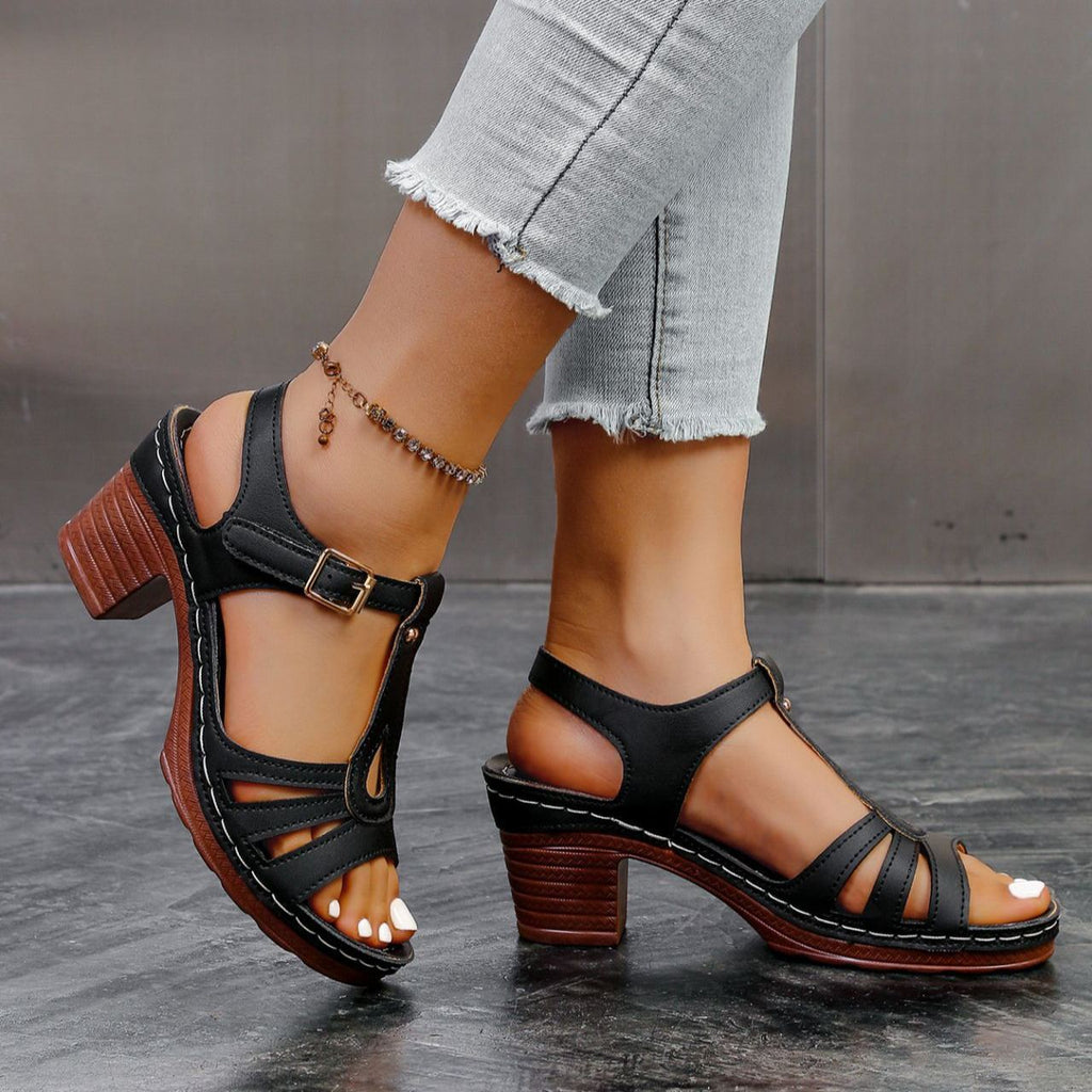 Sandalias de tacón ancho de 7 cm con tiras en T y plataforma
