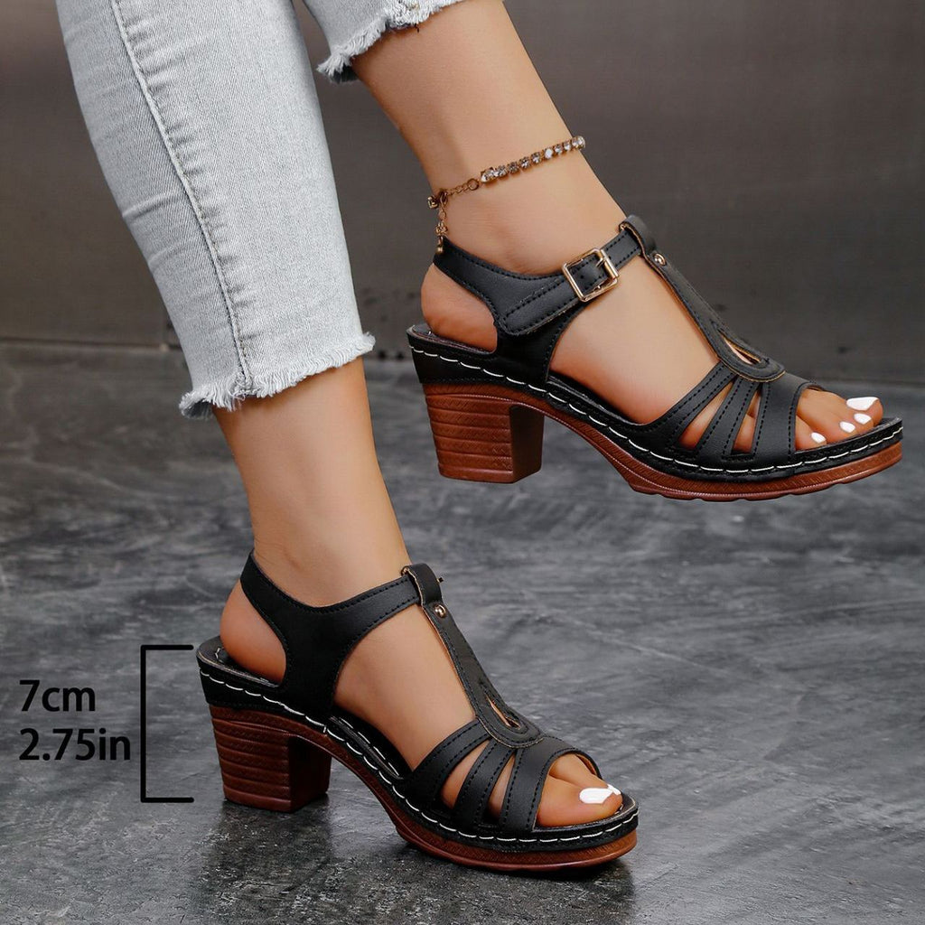 Sandalias de tacón ancho de 7 cm con tiras en T y plataforma