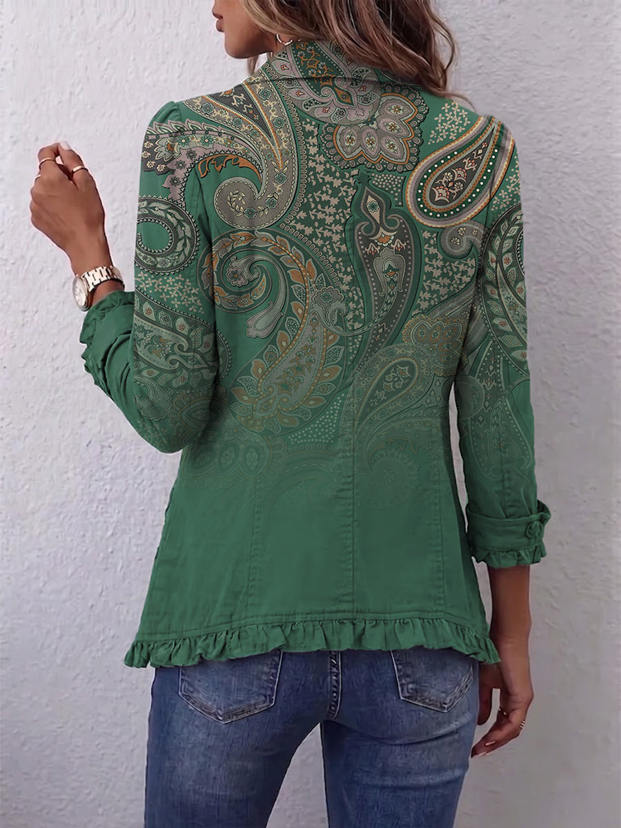 Chaqueta cachemira verde con volantes Teodora