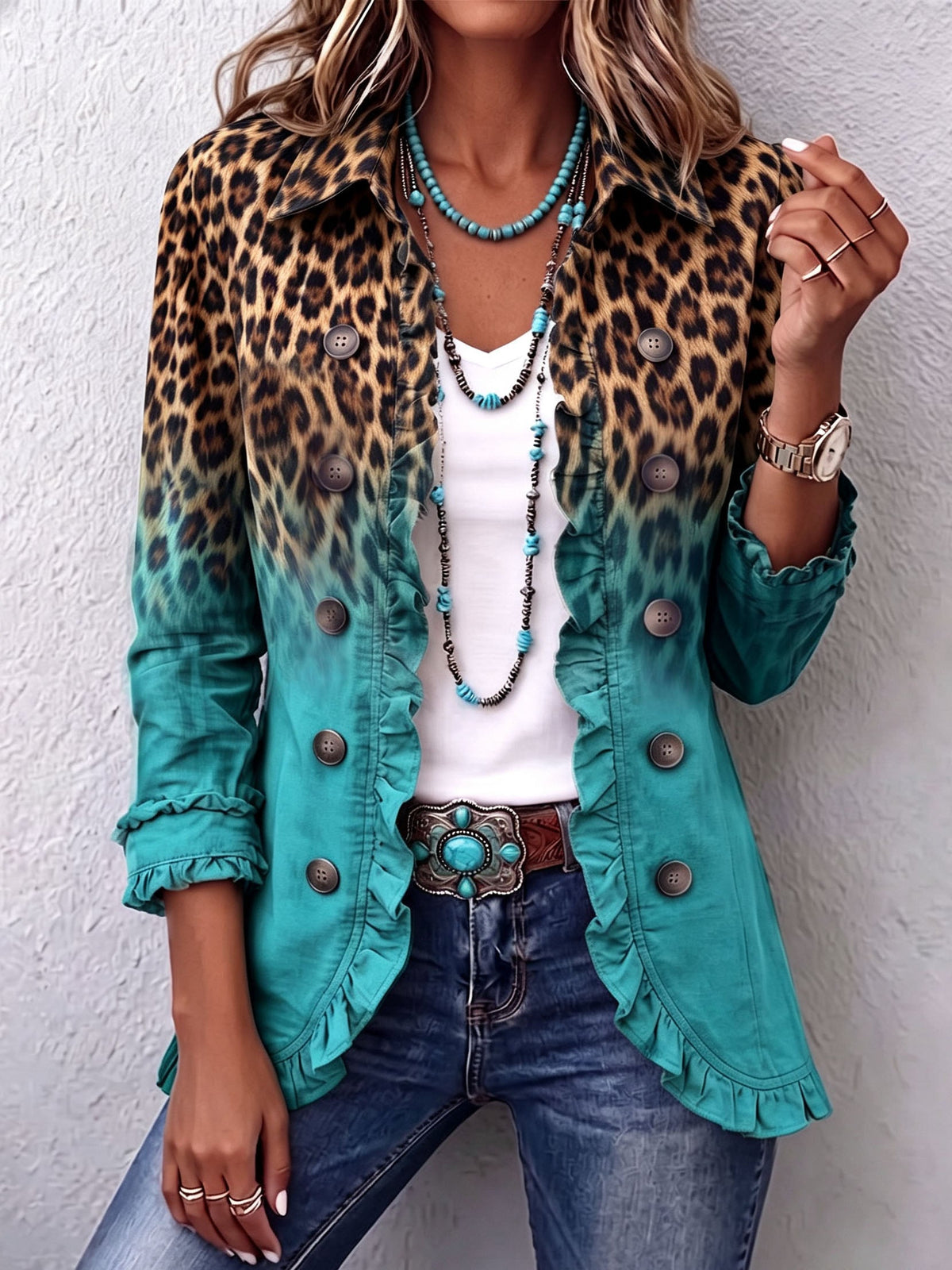 Chaqueta blazer leopardo degradado con volantes Herminia