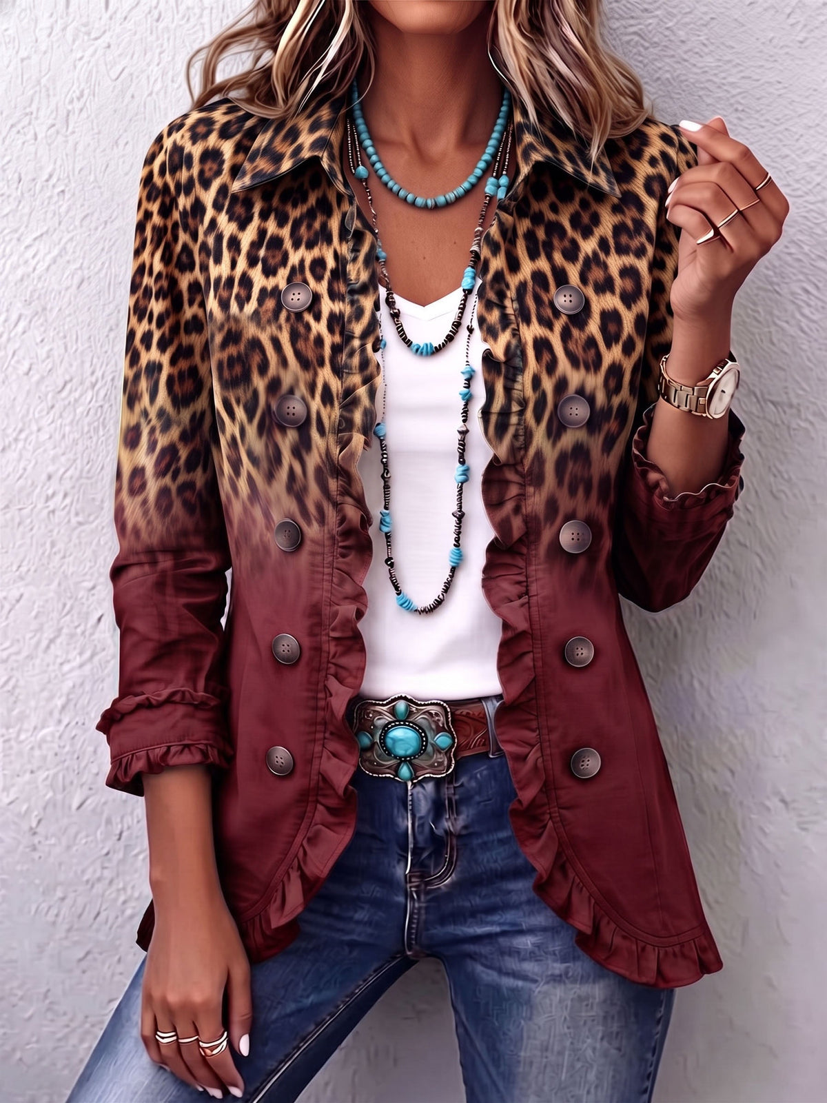 Chaqueta blazer leopardo degradado con volantes Herminia