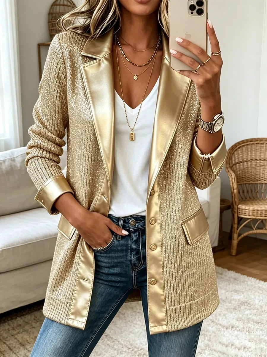 Blazer de punto dorado con ribetes de polipiel Aurora