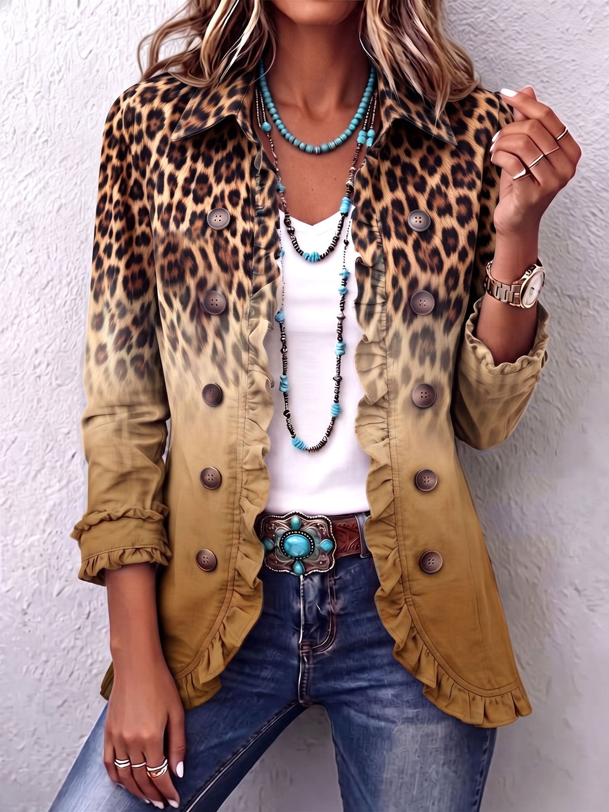 Chaqueta blazer leopardo degradado con volantes Herminia