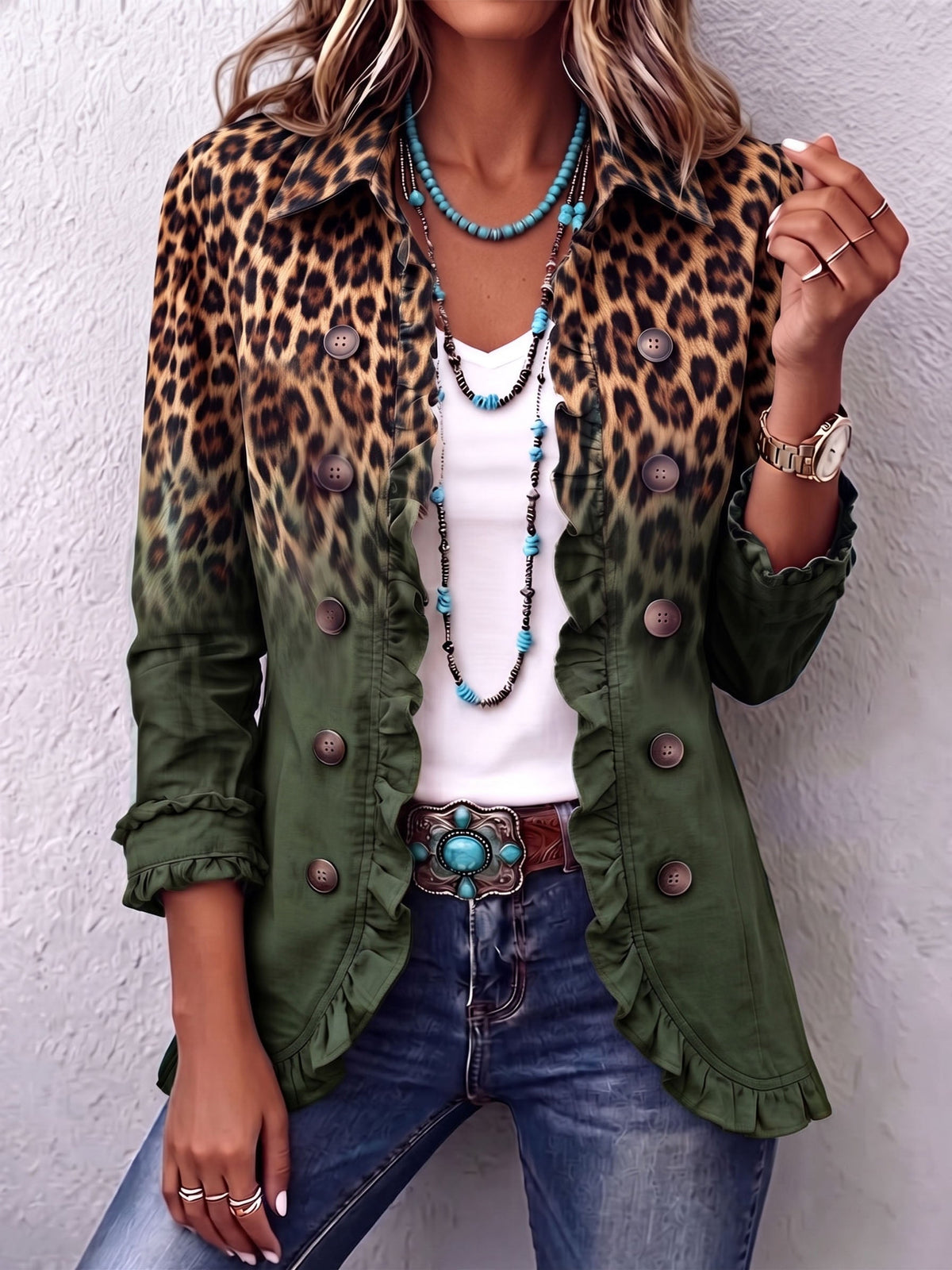 Chaqueta blazer leopardo verde con volantes Ernestina