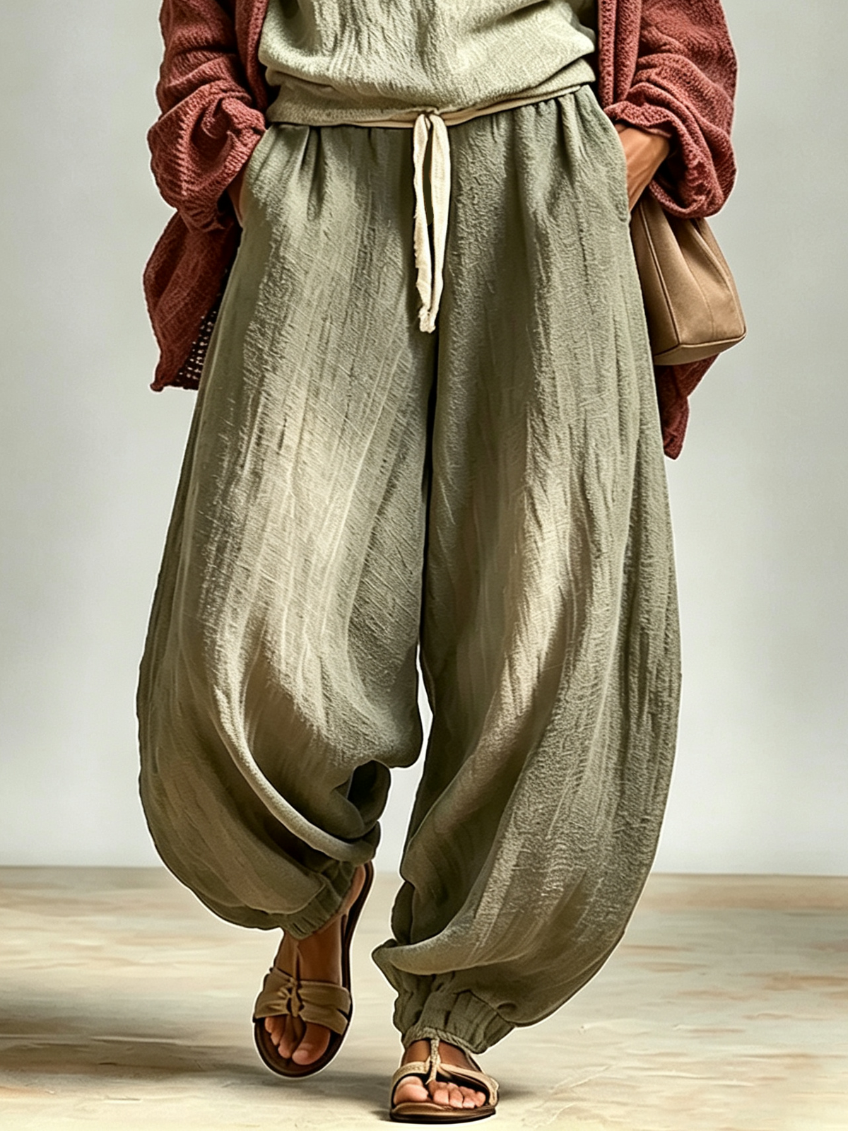 Conjunto casual de tres piezas: camiseta de tirantes, pantalón harén y cárdigan de punto