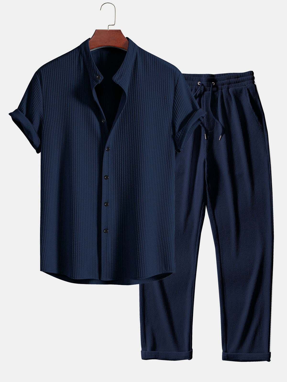 Camisa ajustada musculosa con cuello alto acanalado & Pantalones acanalados de pierna recta